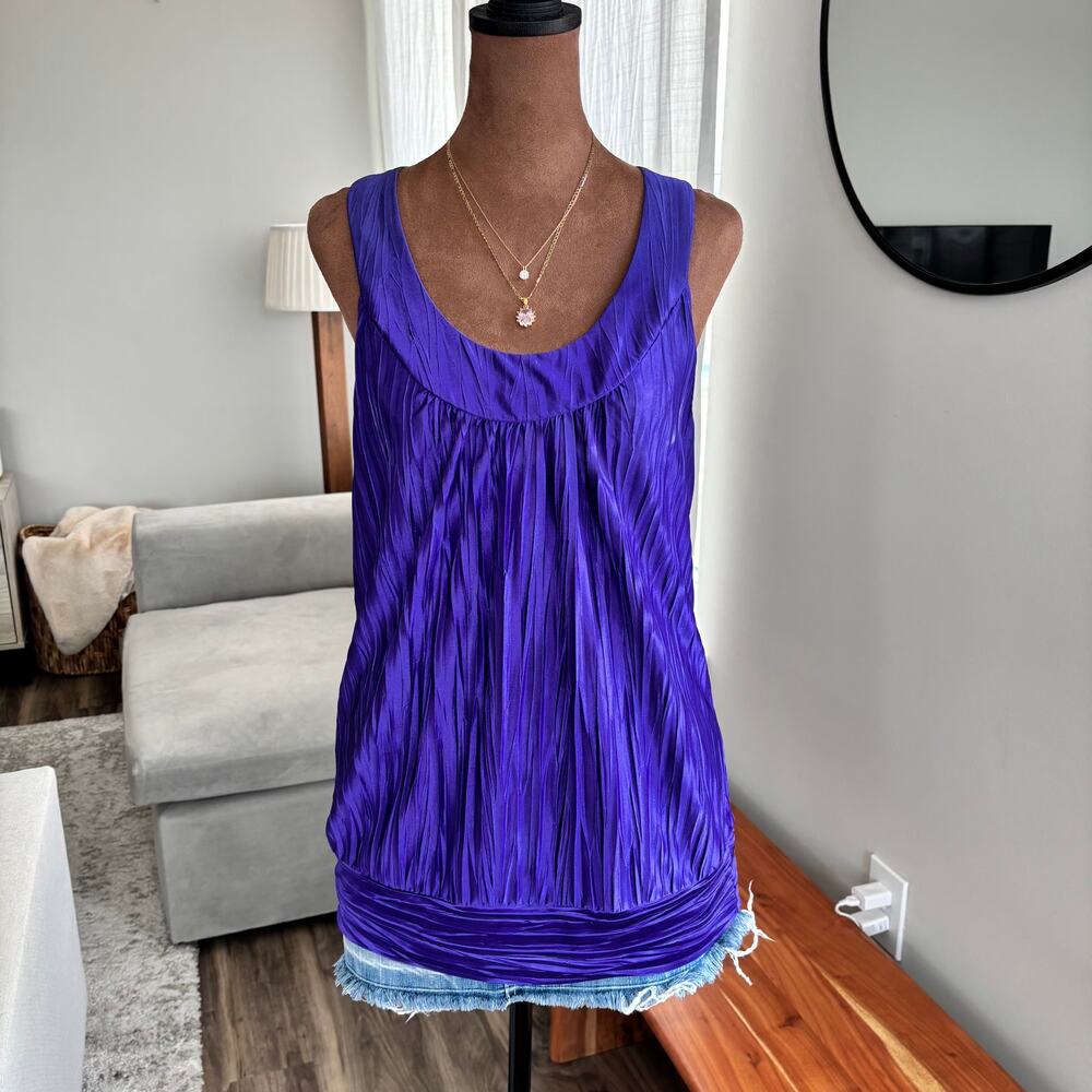 2000s Vintage A. Byer Purple Halter Tank Micro Pleated Crinkle Wide Hem Large